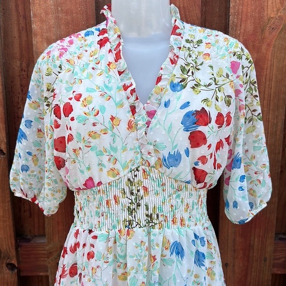 Maison Tara Smocked Floral Clip Dot Chiffon Dress Size 6 - Picture 5 of 14